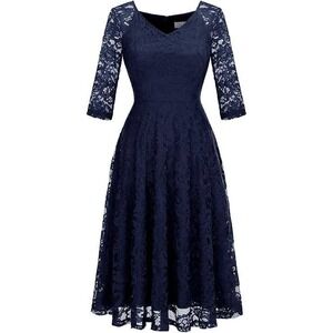 Dressystar Navy Blue Lace V-Neck 3/4 Sleeve Fit & Flare Cocktail Midi‎ Dress S
